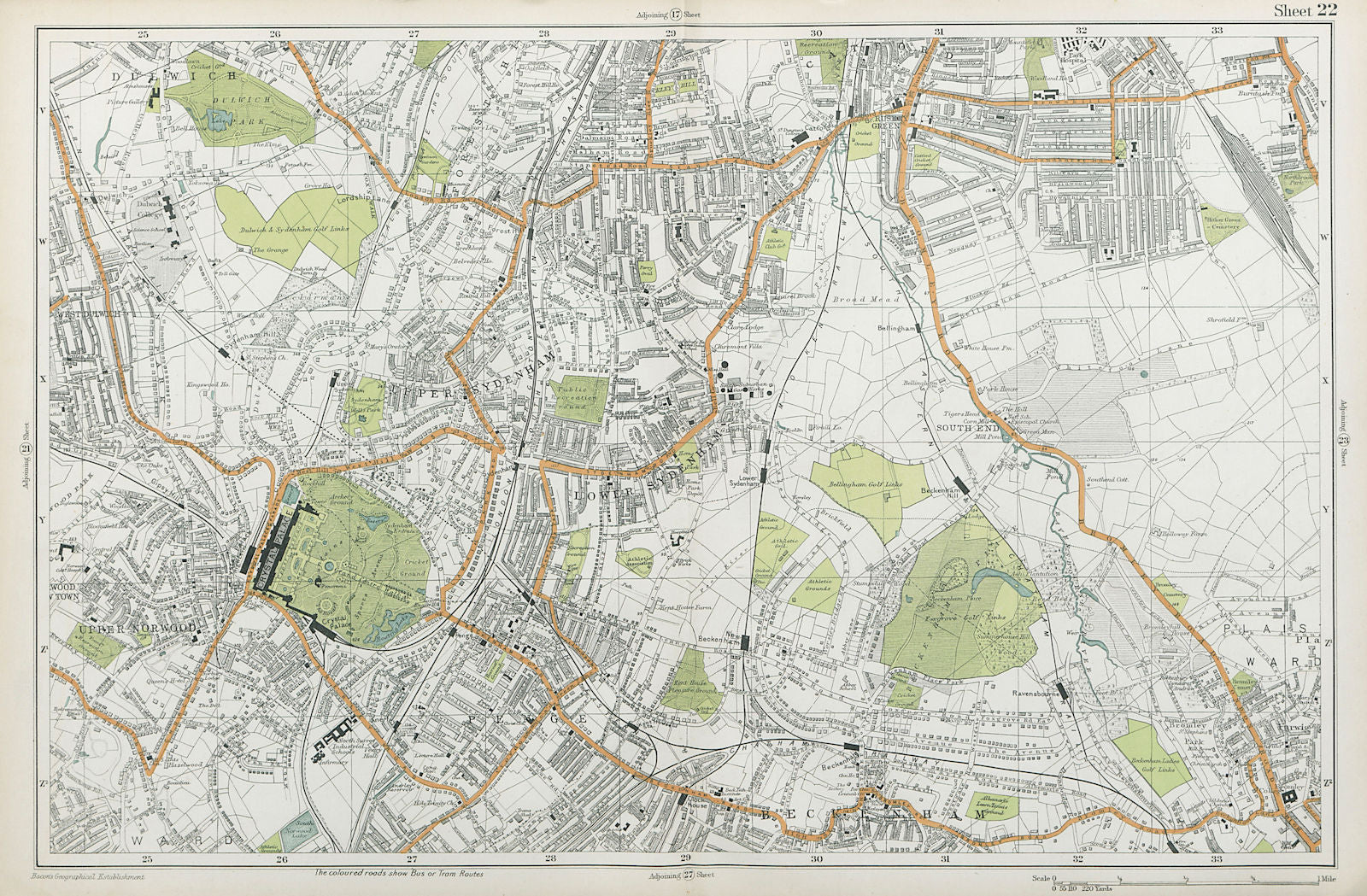 LONDON Sydenham Penge Beckenham Catford Norwood Dulwich Lewisham BACON  1920 map